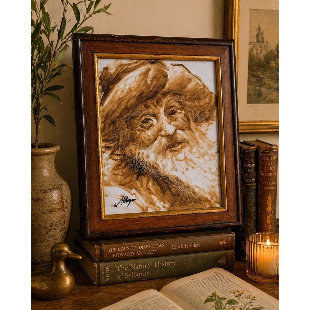 Vintage Textile Portrait Painting: Signed European Cottage Wall Art (Wood Frame)